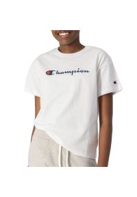 Koszulka Champion Boxy Fit Big Script Logo 115351-WW001 - biała. Kolor: biały. Materiał: bawełna, materiał. Długość rękawa: krótki rękaw. Długość: krótkie. Wzór: aplikacja #1