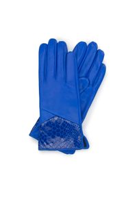 Wittchen - Damskie rękawiczki skórzane ze wstawką o fakturze egzotycznej skóry niebieskie. Kolor: niebieski. Materiał: skóra. Styl: klasyczny