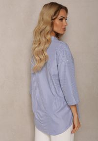 Renee - Granatowo-Biała Koszula z Bawełny o Luźnym Kroju w Paski z Guziczkami Konolla. Kolor: niebieski. Materiał: bawełna. Wzór: paski