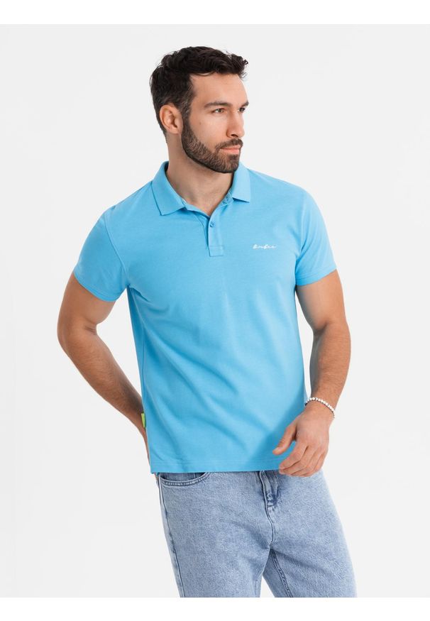 Ombre Clothing - Koszulka polo z bawełnianej dzianiny pique – jasnoniebieska V3 - Rozmiar: M. Okazja: na co dzień. Typ kołnierza: polo. Kolor: niebieski. Materiał: bawełna, dzianina. Długość rękawa: krótki rękaw. Długość: krótkie. Wzór: haft. Styl: casual, elegancki
