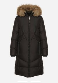 Born2be - Czarna Pikowana Kurtka z Kapturem z Futrem i Ozdobnymi Taśmami Lendria. Okazja: na spacer. Typ kołnierza: kaptur. Kolor: czarny. Materiał: futro #2