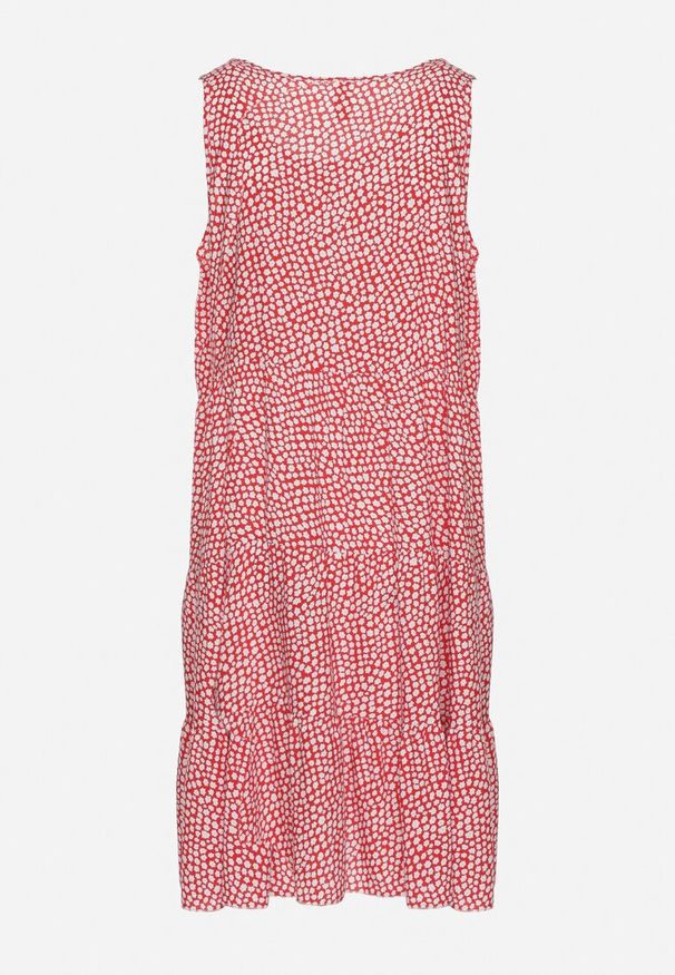 Born2be - Czerwona Rozkloszowana Bawełniana Sukienka z Falbanami w Kwiaty Zeolane. Okazja: na spacer, na co dzień. Kolor: czerwony. Materiał: bawełna. Wzór: kwiaty. Sezon: wiosna. Typ sukienki: proste. Styl: casual, elegancki