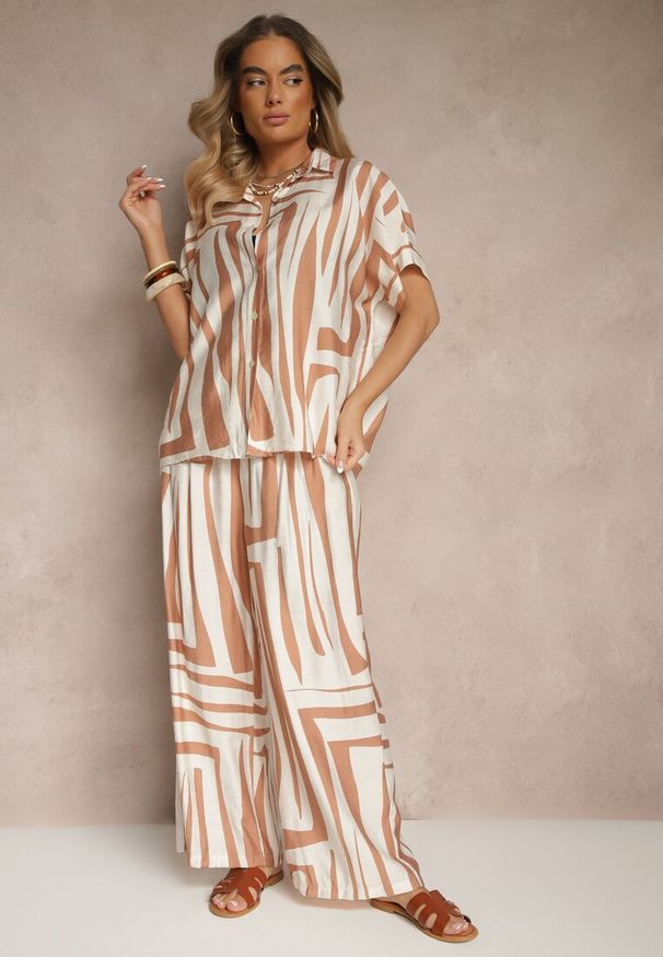 Renee - Beżowy Komplet o Kroju Oversize z Lnem Koszula i Szerokie Spodnie Miravinia. Kolor: beżowy. Materiał: len