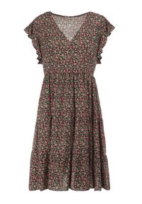 Born2be - Czarna Sukienka Diomanassa. Typ kołnierza: dekolt w serek. Kolor: czarny. Materiał: tkanina. Wzór: kwiaty, nadruk. Sezon: wiosna, lato. Długość: mini #2