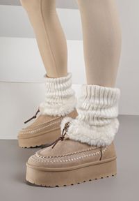 Born2be - Ciemnobeżowe Śniegowce na Grubej Podeszwie z Ozdobnymi Przeszyciami i Futerkiem Lindera. Okazja: na co dzień. Kolor: beżowy. Materiał: futro. Styl: casual #6