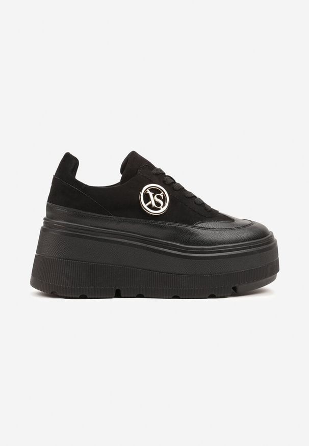 Renee - Czarne Chunky Sneakersy Vices na Platformie z Okrągłym Detalem Sedvira. Okazja: na spacer. Nosek buta: okrągły. Kolor: czarny. Materiał: jeans, koronka, skóra. Obcas: na platformie. Sport: turystyka piesza