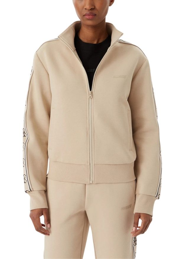 Guess - GUESS Beżowa damska bluza rozpinana z lampasami Britney, Rozmiar S. Okazja: na co dzień. Kolor: beżowy. Styl: elegancki, casual, sportowy