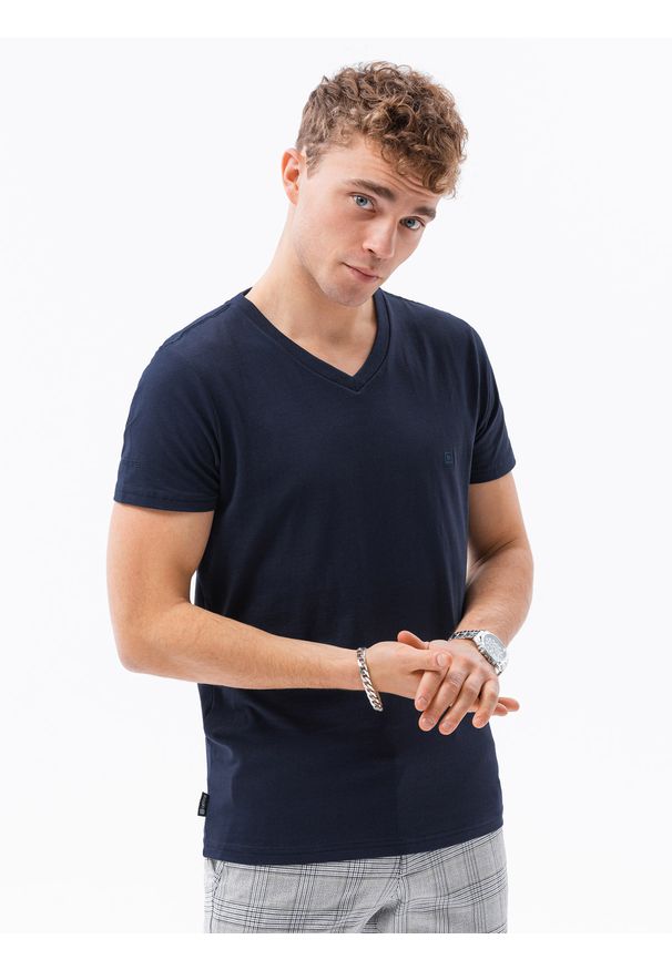 Ombre Clothing - T-shirt męski bez nadruku S1183 - granatowy - XXL. Typ kołnierza: dekolt w serek. Kolor: niebieski. Materiał: elastan, bawełna. Styl: klasyczny