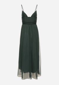 Born2be - Ciemnozielona Sukienka Koktajlowa z Tiulową Siateczką Devinae. Okazja: na imprezę, na co dzień. Typ kołnierza: dekolt w kształcie V. Kolor: zielony. Materiał: tiul. Długość rękawa: na ramiączkach. Sezon: lato. Styl: wizytowy #6