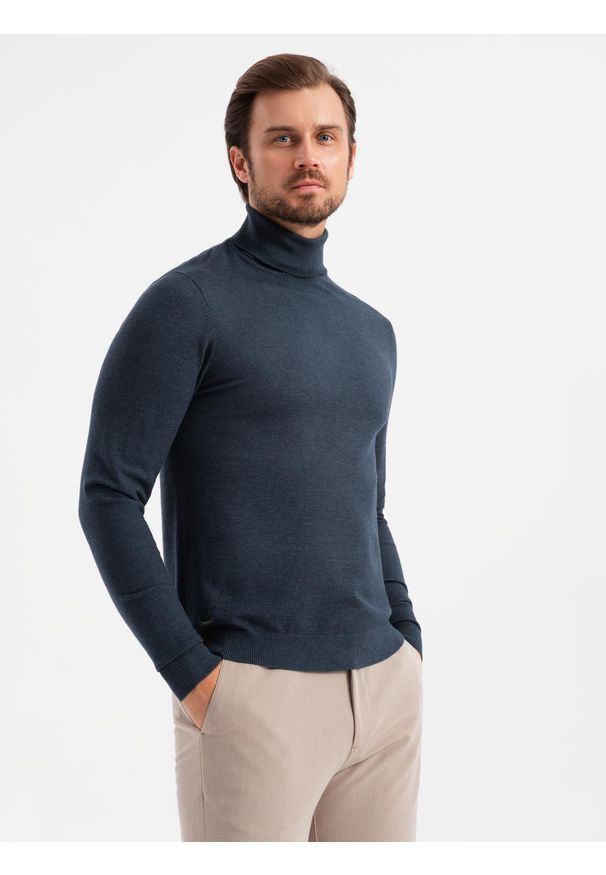 Ombre Clothing - Dzianinowy męski golf z wiskozą – granatowy melanż V4 - Rozmiar: S. Typ kołnierza: golf. Kolor: niebieski. Materiał: wiskoza, dzianina. Wzór: melanż. Styl: elegancki, klasyczny
