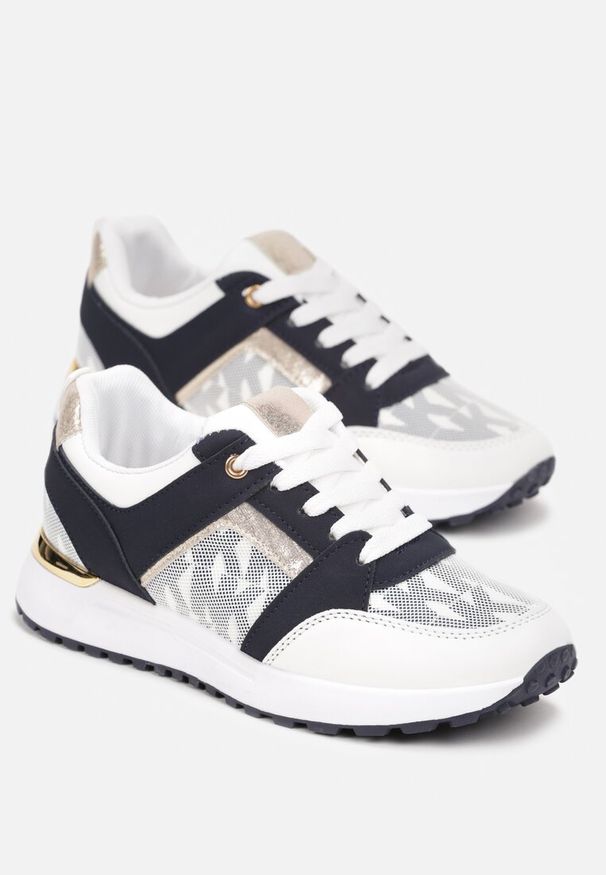 Renee - Biało-Granatowe Sznurowane Sneakersy z Nadrukowanymi Literami Dandia. Kolor: biały. Wzór: nadruk. Sezon: jesień, wiosna
