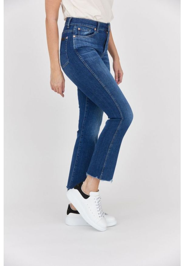 7 FOR ALL MANKIND Ciemnoniebieskie jeansy damskie z poszarpanymi nogawkami HW Slim Kick, Rozmiar 30. Kolor: niebieski