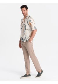 Ombre Clothing - Męskie podwijane spodnie chino z dodatkiem lnu – jasnobrązowe V3 - Rozmiar: XL. Okazja: na co dzień. Kolor: brązowy. Materiał: len. Sezon: lato. Styl: casual