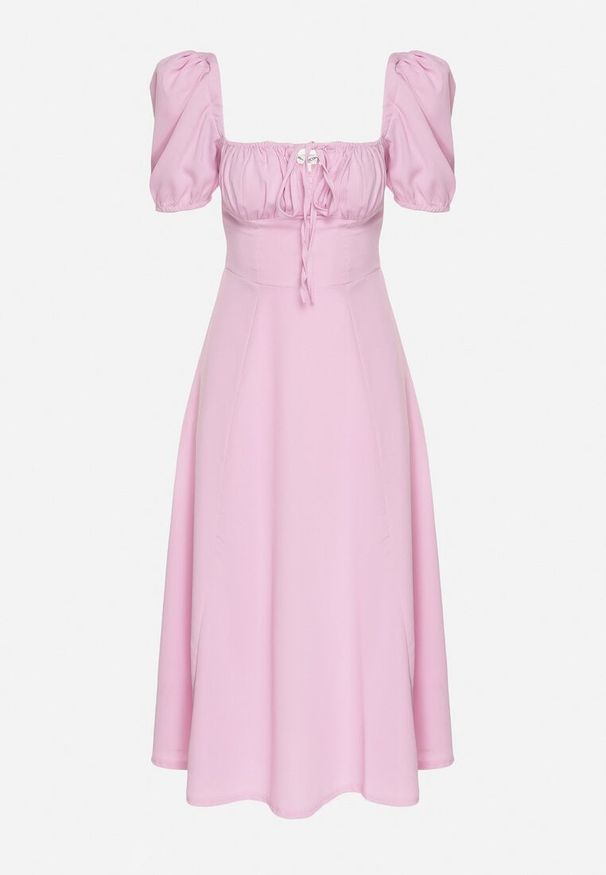 Born2be - Różowa Sukienka w Rustykalnym Stylu z Wiązaniem przy Dekolcie i Rozcięciem Idanillea. Okazja: na spacer, na co dzień. Typ kołnierza: dekolt kwadratowy. Kolor: różowy. Typ sukienki: rozkloszowane. Styl: casual