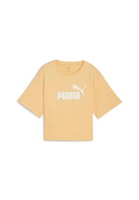 Puma - Damska luźna koszulka z logo NO.1 ESS Cropped PUMA Almost Apricot Orange. Kolor: żółty, pomarańczowy, wielokolorowy. Materiał: jeans. Wzór: nadruk