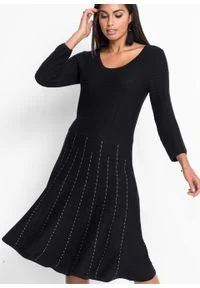 Sukienka dzianinowa w paski bonprix czarno-biel wełny. Kolor: czarny. Materiał: wełna, poliester, wiskoza, materiał, dzianina. Wzór: paski #4