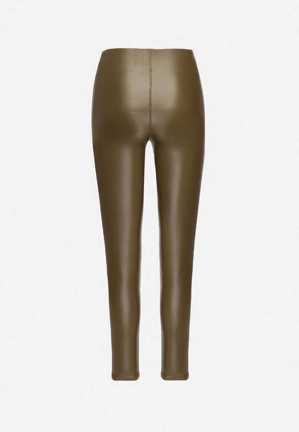 Born2be - Zielone Legginsy z Ekoskóry z Guzikami Wysokim Stanem i Gumką w Talii Sintheria. Okazja: na spacer, na co dzień. Stan: podwyższony. Kolor: zielony. Materiał: materiał, kaszmir. Wzór: aplikacja. Sezon: jesień. Styl: casual, elegancki