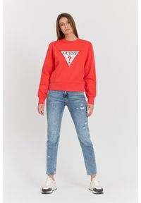 Guess - GUESS Czerwona damska bluza z dużym logo Original Fleece, Rozmiar S. Okazja: na co dzień. Typ kołnierza: bez kaptura. Kolor: czerwony. Materiał: materiał, poliester, bawełna. Styl: casual #3