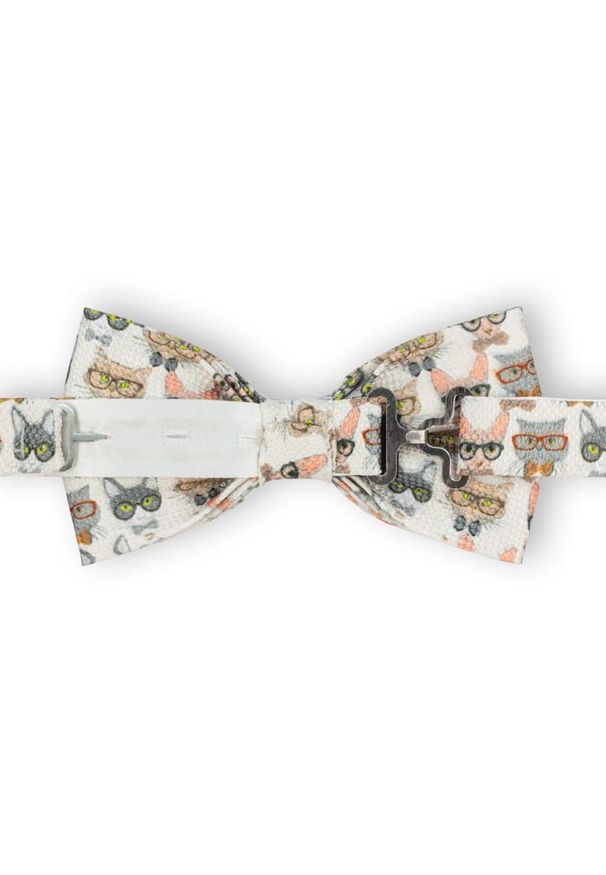Mucha Męska, Biała w Koty, Motyw Zwierzęcy, Bez Poszetki -EM Men's Accessories. Kolor: beżowy, brązowy, wielokolorowy. Wzór: motyw zwierzęcy. Styl: sportowy, elegancki
