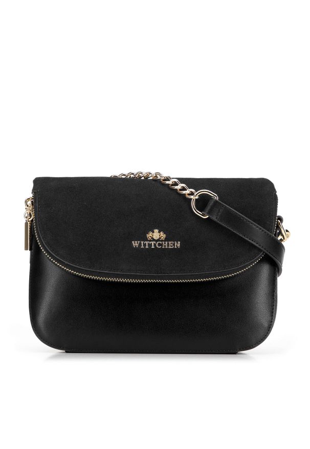 Wittchen - Damska torebka z dwóch rodzajów skór z kieszenią w klapie. Kolor: czarny. Wzór: aplikacja, paski. Materiał: skórzane. Styl: elegancki