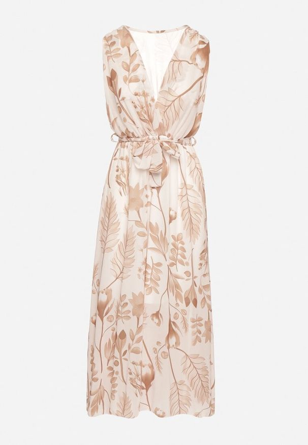 Born2be - Beżowa Kopertowa Sukienka z Wiskozą z Wiązanym Paskiem Nativire. Okazja: na co dzień. Typ kołnierza: dekolt w serek. Kolor: beżowy. Materiał: wiskoza. Typ sukienki: kopertowe. Styl: elegancki, casual, klasyczny