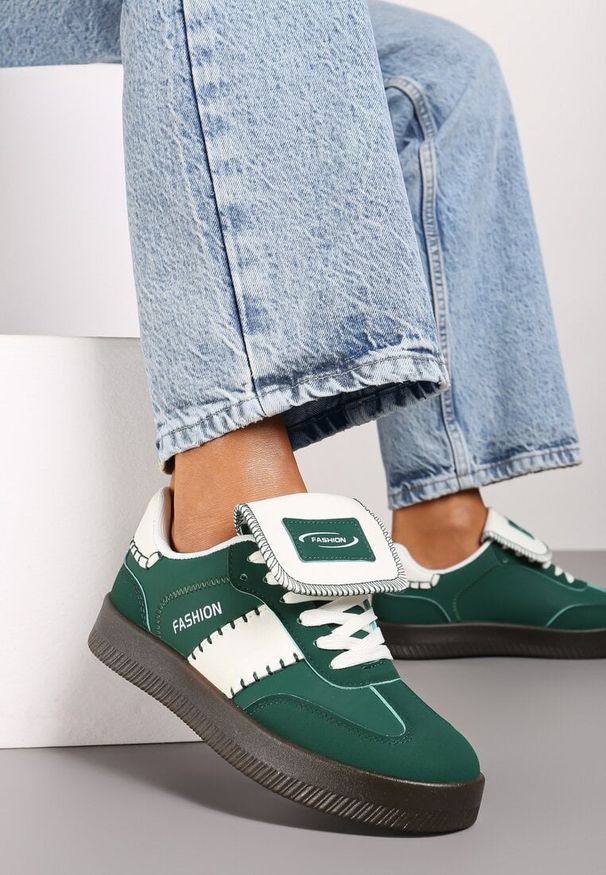 Born2be - Zielone Sneakersy na Grubej Podeszwie z Kontrastującymi Wstawkami i Wywiniętym Językiem Mirinae. Nosek buta: okrągły. Zapięcie: sznurówki. Kolor: zielony. Materiał: materiał. Obcas: na obcasie. Wysokość obcasa: niski