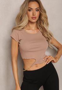 Renee - Ciemnobeżowy T-shirt z Bawełny Ozdobiony Wycięciem i Łańcuszkiem Sparkina. Kolor: beżowy. Materiał: bawełna. Wzór: aplikacja