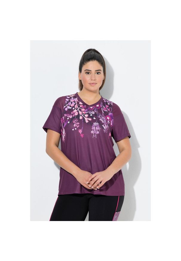 ULLA POPKEN - Damskie Bluzka funkcyjna wstawki z siateczki dekolt w serek rękaw 1/2. Typ kołnierza: dekolt w serek. Kolekcja: plus size. Kolor: czerwony. Materiał: poliester, materiał, elastan