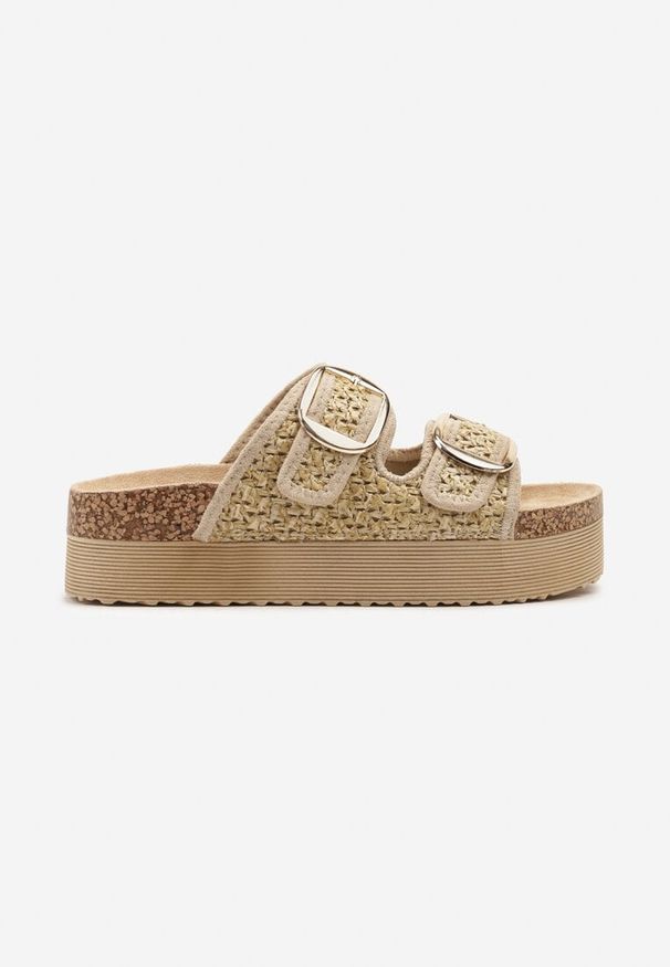Born2be - Beżowe Klapki na Grubej Podeszwie z Szydełkową Cholewką z Klamrami Redeavelle. Okazja: na co dzień. Kolor: beżowy. Materiał: len. Styl: elegancki, casual