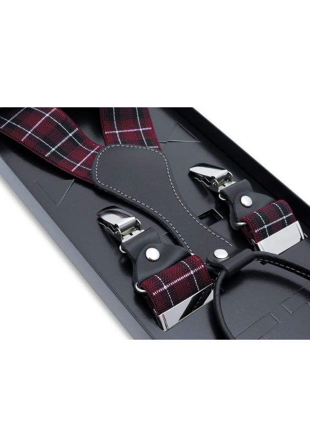 Modini - Bordowe szelki w kratę SZ26B. Kolor: czerwony. Materiał: skóra, guma