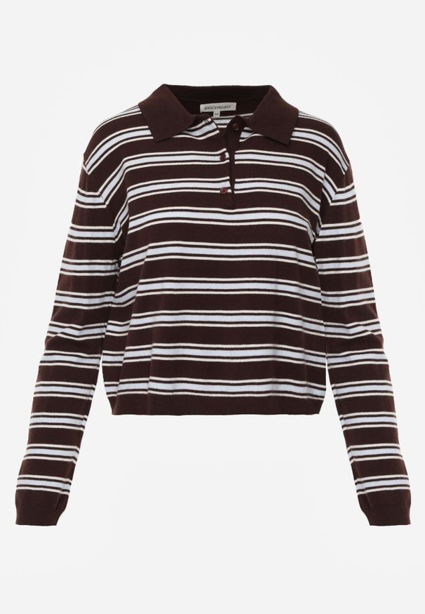 Born2be - Brązowy Sweter w Paski z Kołnierzykiem z Wiskozą Minkalia. Okazja: na co dzień. Kolor: brązowy. Materiał: wiskoza. Wzór: paski. Styl: casual, klasyczny