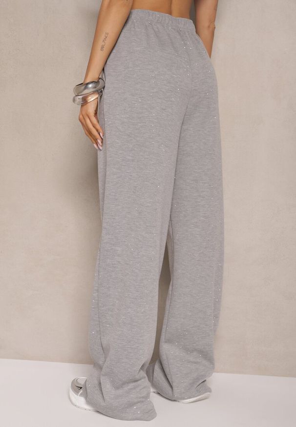 Renee - Szare Spodnie z Wiskozą o Szerokim Kroju z Cyrkoniami Zeleria. Okazja: na co dzień. Kolor: szary. Materiał: wiskoza. Styl: elegancki, casual