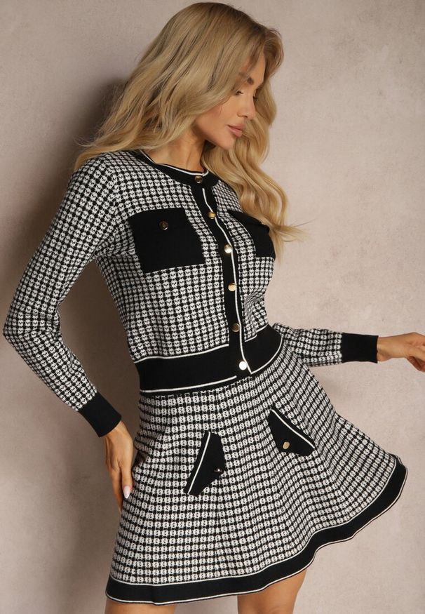 Renee - Czarno-Biały Komplet z Dzianiny Rozkloszowana Spódniczka i Rozpinany Kardigan Zemida. Kolor: czarny. Materiał: dzianina. Wzór: aplikacja