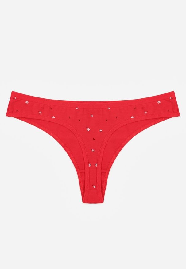 Born2be - Czerwone Majtki Stringi z Bawełną w Kwiaty Calylia. Kolor: czerwony. Materiał: bawełna. Wzór: kwiaty