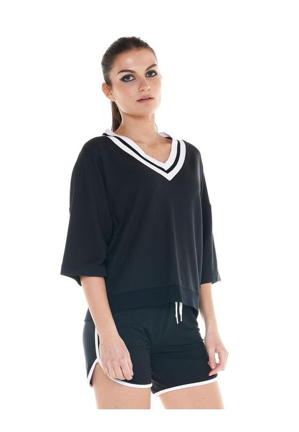 LEONE 1947 APPAREL - Czarno-biała bluza damska z dekoltem w kształcie litery V. Typ kołnierza: dekolt w kształcie V. Kolor: czarny. Materiał: tkanina