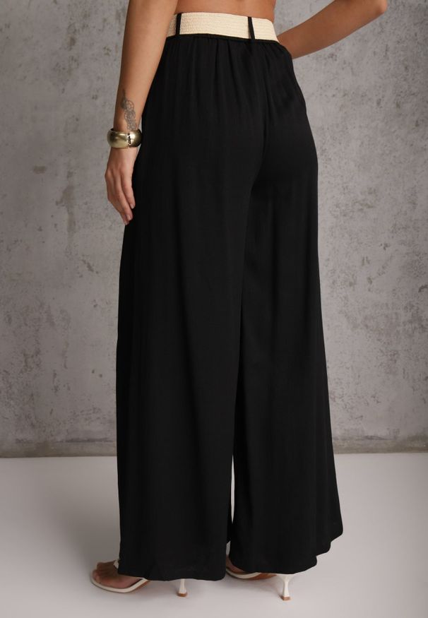 Renee - Czarne Spodnie High Waist Wide Leg z Wiskozą z Plecionym Paskiem Aridine. Okazja: na co dzień. Stan: podwyższony. Kolor: czarny. Materiał: wiskoza. Styl: casual, elegancki