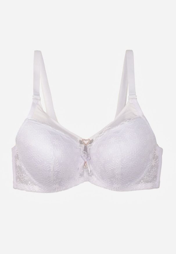 Born2be - Biały Koronkowy Biustonosz Ozdobiony Cyrkoniowym Sercem Galirope. Kolor: biały. Materiał: koronka. Wzór: aplikacja