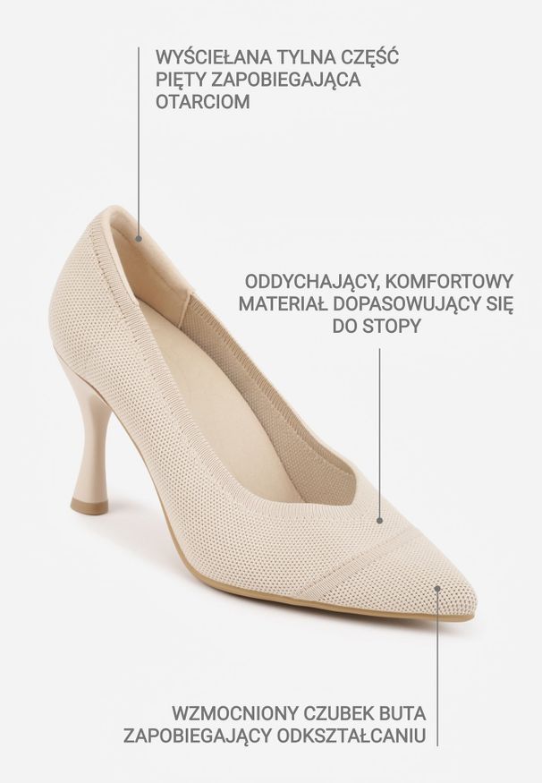 Renee - Beżowe Dzianinowe Szpilki VICES z Wkładką Soft-Pillow i Miękkim Zapiętkiem Thene. Nosek buta: szpiczasty. Kolor: beżowy. Materiał: dzianina. Szerokość cholewki: normalna. Obcas: na szpilce. Styl: klasyczny. Wysokość obcasa: średni