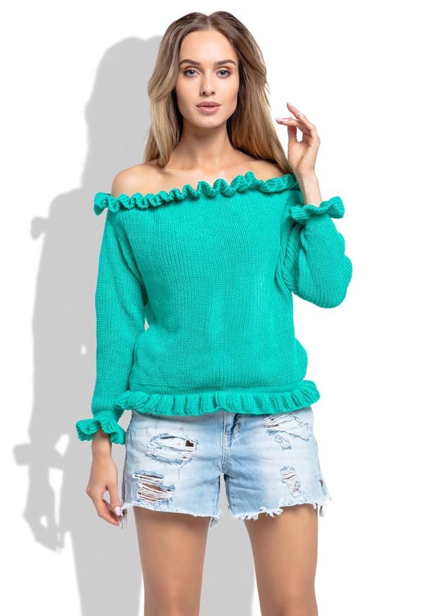 Fobya - Zielony Sweter z Dekoltem Typu Carmen. Typ kołnierza: typu carmen. Kolor: zielony. Materiał: akryl