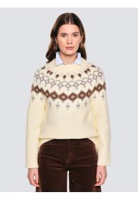 Big-Star - Sweter damski z skandynawskim wzorem kremowy Skandia 102. Okazja: na co dzień. Kolor: kremowy. Materiał: dzianina. Wzór: ze splotem. Styl: elegancki, wizytowy, casual