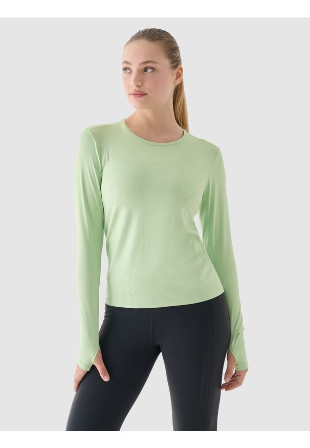 4f - 4F Longsleeve do biegania szybkoschnący damski - zielony M. Kolor: zielony. Materiał: włókno, elastan, dzianina, materiał, syntetyk. Długość rękawa: długi rękaw. Długość: krótkie. Wzór: gładki, nadruk, ze splotem. Sport: bieganie, fitness