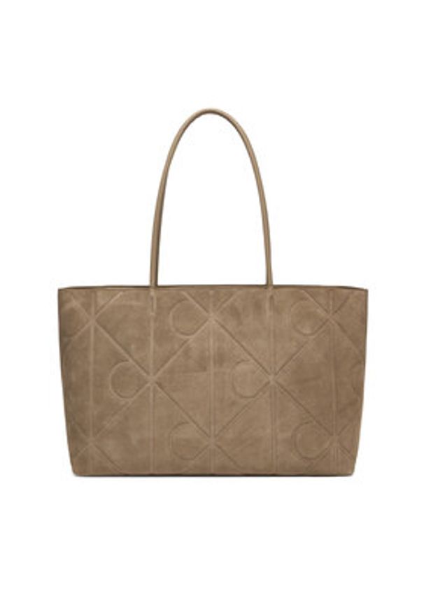 Calvin Klein Torebka Emblem Aop Embossed Suede Tote LV04F3334G Beżowy. Kolor: beżowy. Materiał: skórzane, zamszowe