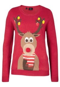 Sweter bożonarodzeniowy "Renifer" bonprix ciemnoczerwony. Kolor: czerwony. Materiał: materiał, akryl #1