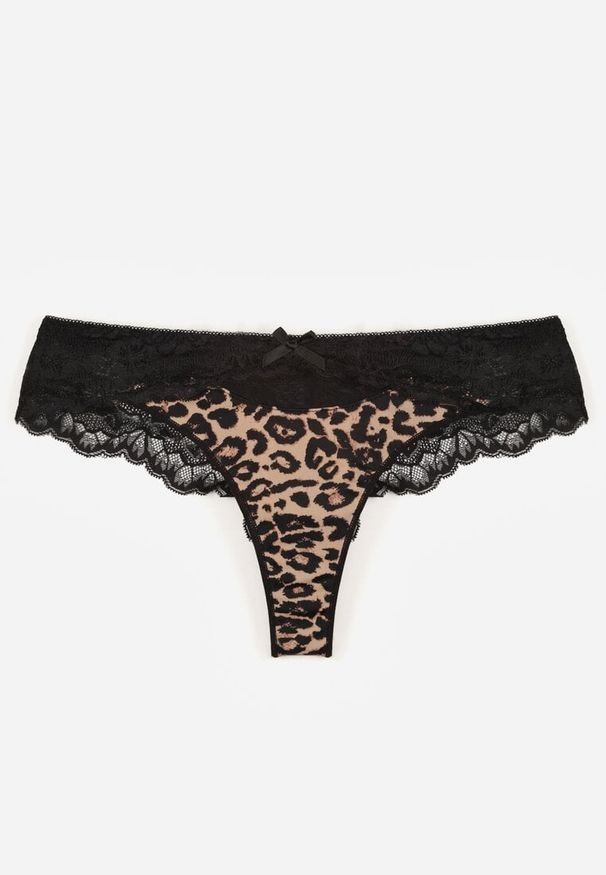 Renee - Czarno-Beżowe Majtki Stringi Ozdobione Koronką Phisoris. Kolor: czarny. Materiał: koronka. Wzór: koronka, aplikacja