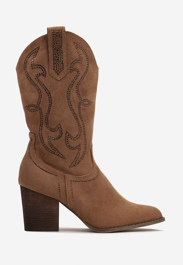 Renee - Brązowe Botki Kowbojki Ozdobione Wzorem w Cyrkonie Ellessa. Kolor: brązowy. Wzór: aplikacja. Obcas: na obcasie. Styl: boho. Wysokość obcasa: średni