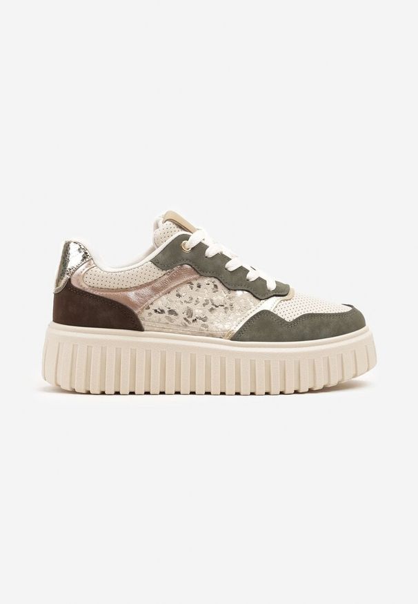 Born2be - Beżowo-Zielone Sneakersy na Tłoczonej Podeszwie ze Zdobieniami w Panterkę Gerraza. Okazja: na co dzień. Zapięcie: sznurówki. Kolor: beżowy. Materiał: jeans. Wzór: aplikacja, motyw zwierzęcy