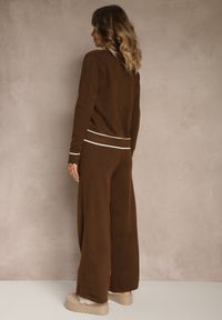 Renee - Brązowy Komplet z Dzianiny Spodnie Wide Leg i Retro Kardigan Giosila. Kolekcja: plus size. Kolor: brązowy. Materiał: dzianina