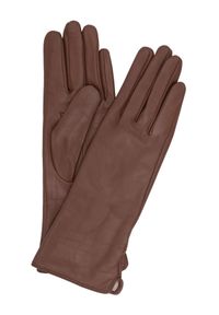 Ochnik - Długie brązowe skórzane rękawiczki damskie. Kolor: brązowy. Materiał: skóra. Styl: elegancki