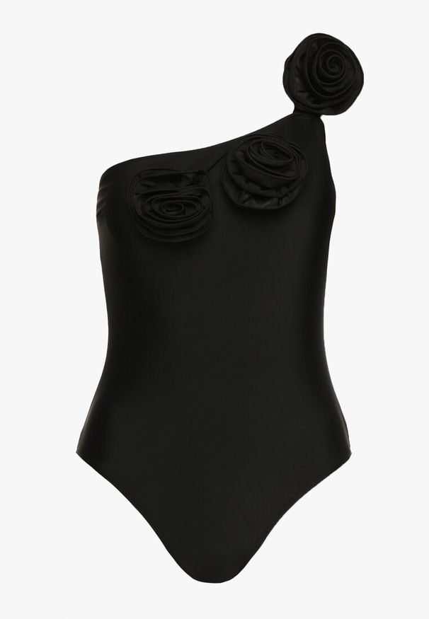 Renee - Czarny Strój Kąpielowy Jednoczęściowy o Asymetrycznym Kroju z Kwiatową Aplikacją Irisabel. Kolor: czarny. Wzór: aplikacja, kwiaty