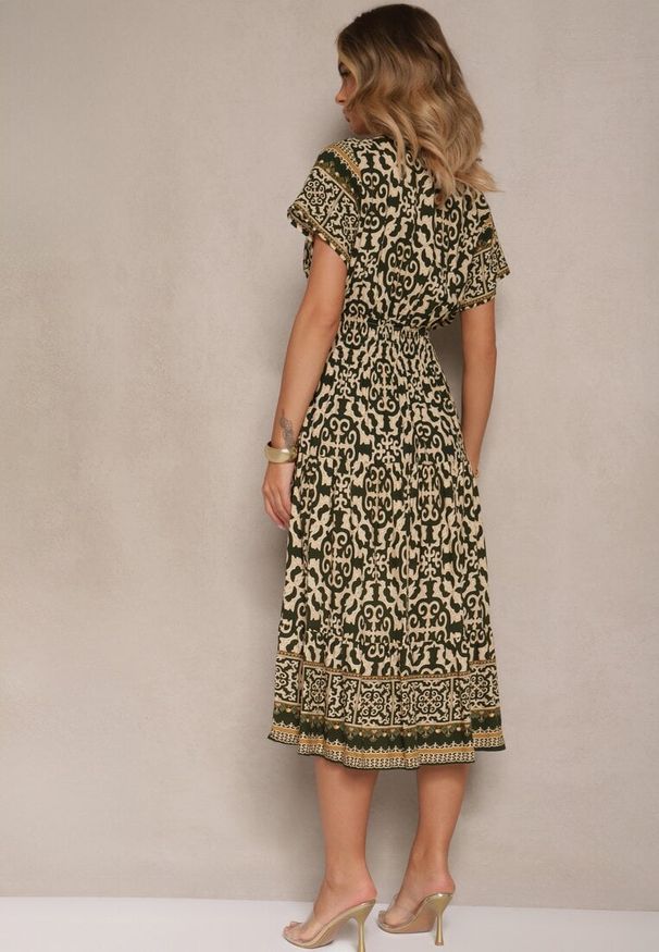 Renee - Zielono-Beżowa Sukienka z Bawełny Ozdobiona Ornamentnym Motywem Fillena. Kolor: zielony. Materiał: bawełna. Wzór: aplikacja